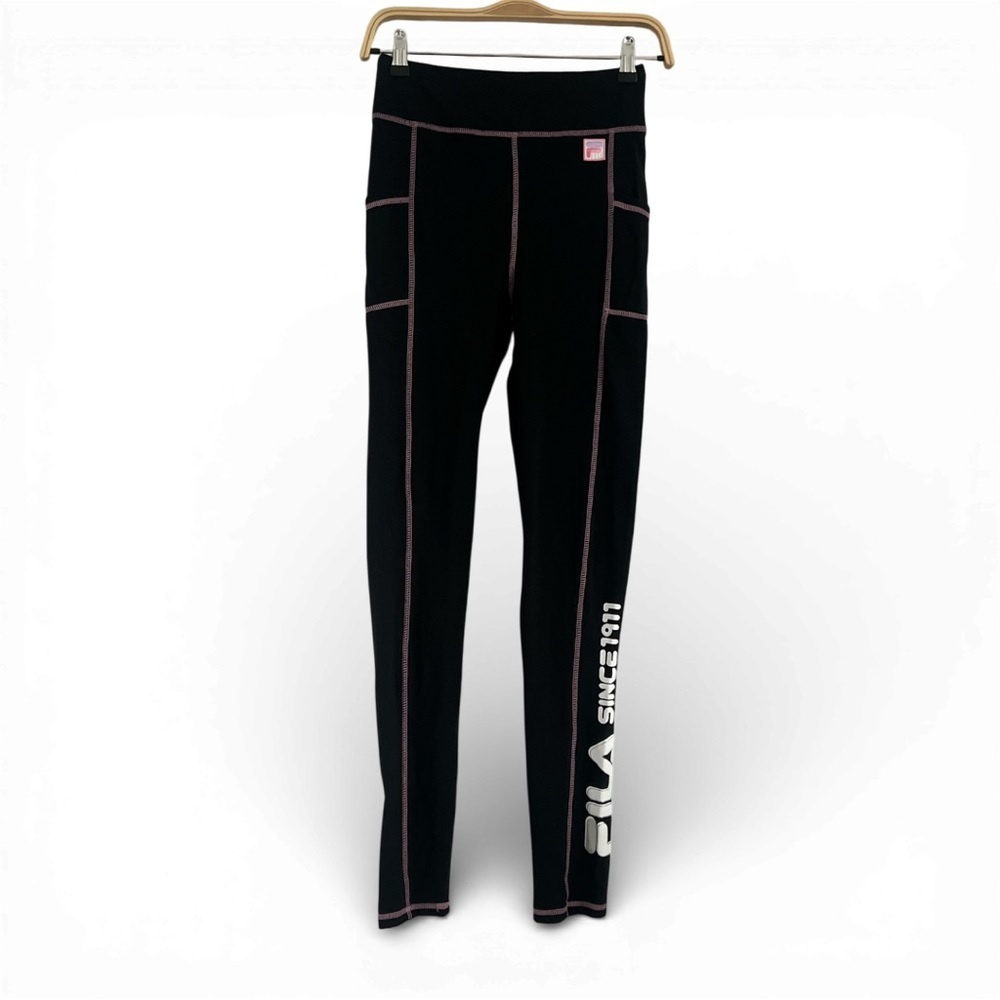 Fila Black Cotton High Waist Leggings Side Pockets and Hot Pink Accents XL
